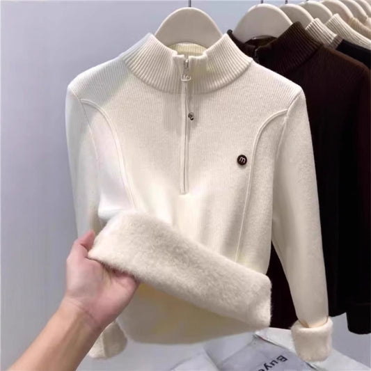 Women's knit sweater with stand-up collar and zipper