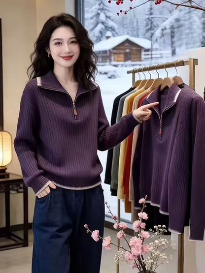 Trendy knitted sweater with stand-up collar