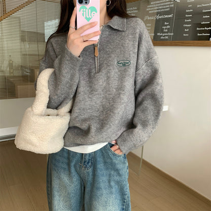 Polo knit sweater with zipper