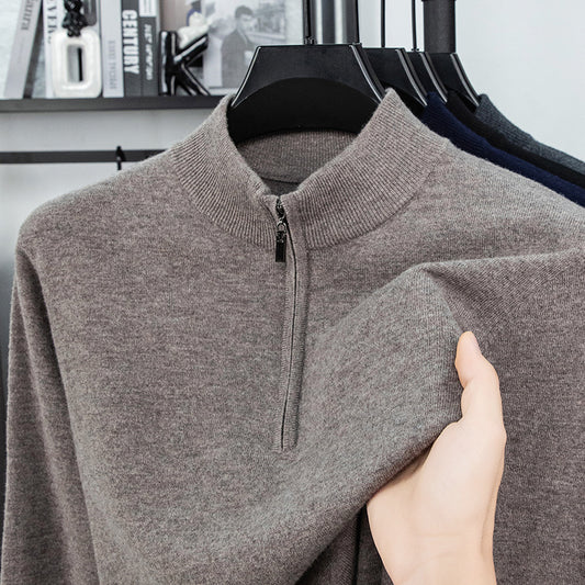 Men's wool pullover with zipper and stand-up collar