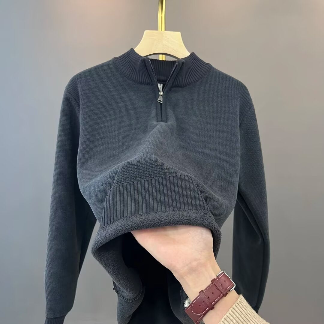 Warmer knit pullover with zipper and lining