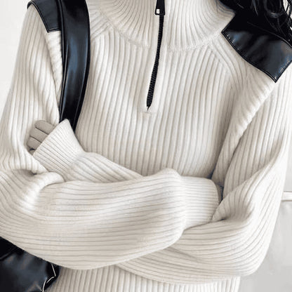 Women's knitted sweater with zipper and stand-up collar