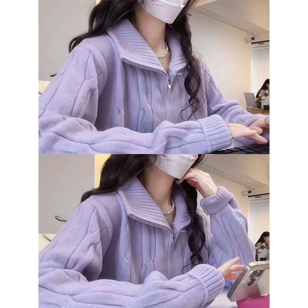Women's knitted sweater with zipper and stand-up collar