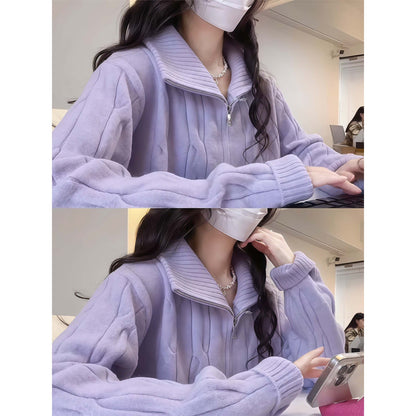 Women's knitted sweater with zipper and stand-up collar