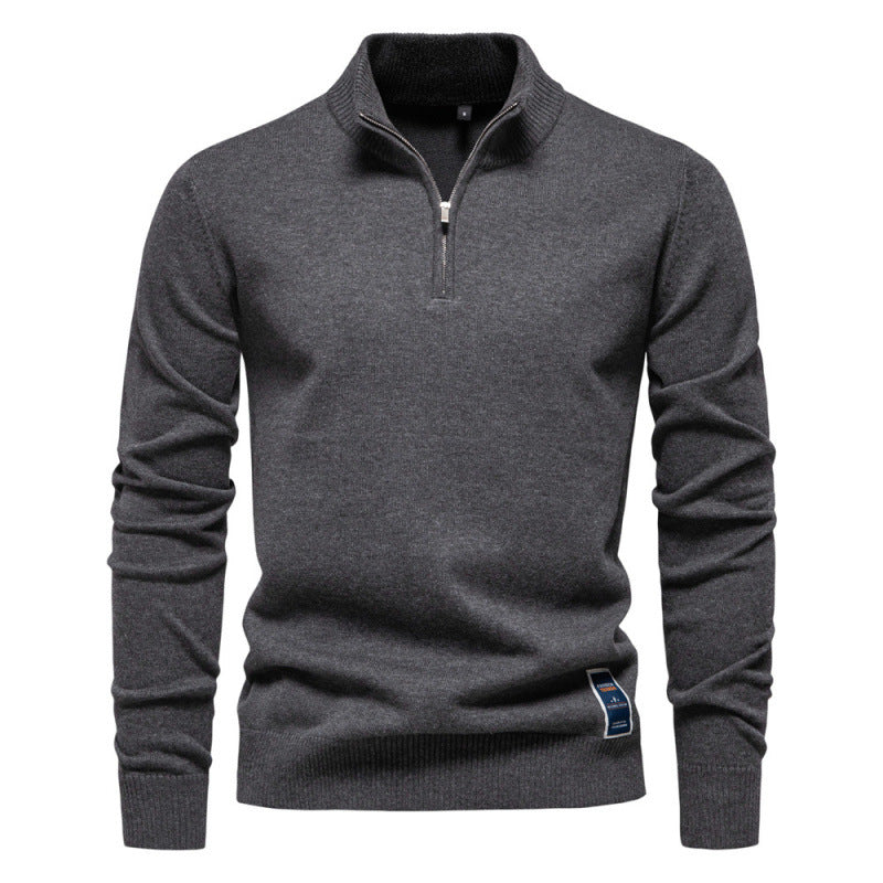 Men's knit sweater with stand-up collar and zipper
