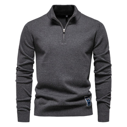 Men's knit sweater with stand-up collar and zipper