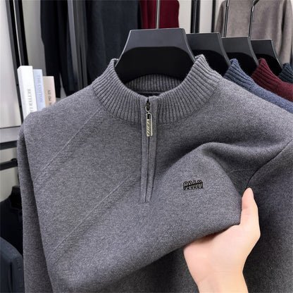 Men's knit sweater with stand-up collar and zipper
