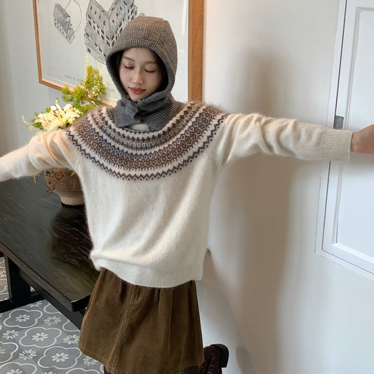 Women's wool sweater with zipper and jacquard pattern
