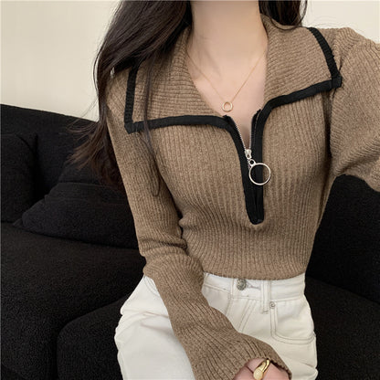 Women's knit sweater with zipper and collar