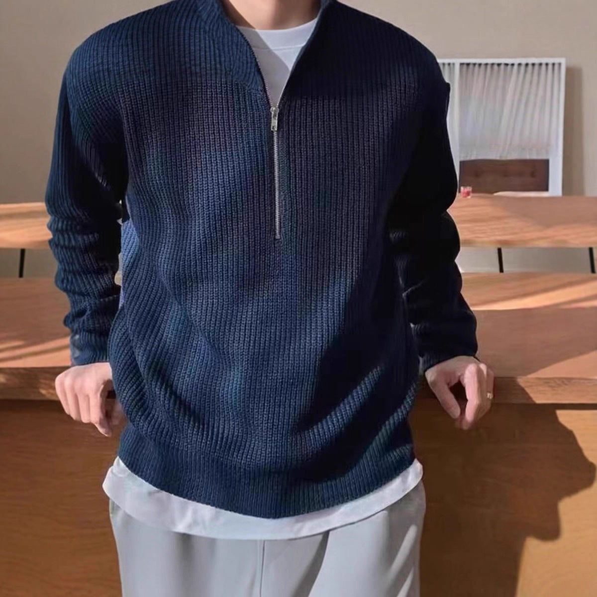 Men's knit sweater with stand-up collar and zipper