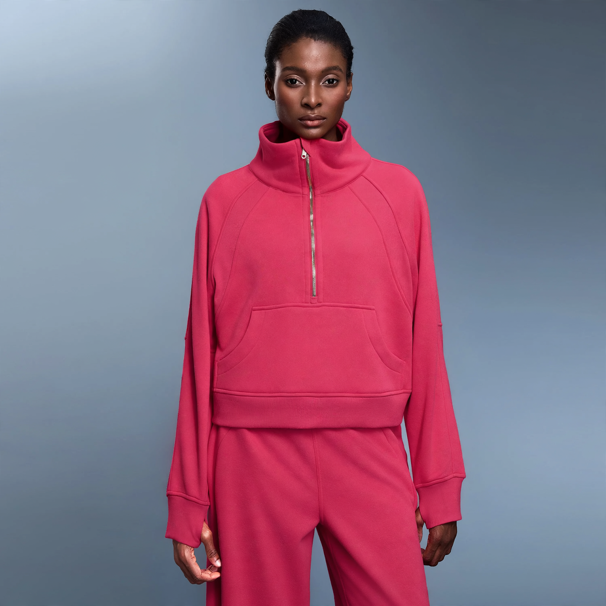 Women's sweatshirt with stand-up collar, zipper, and lining
