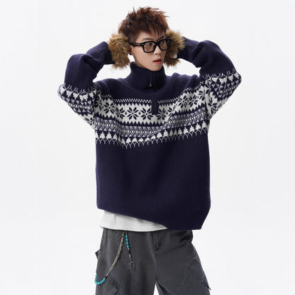 Unisex knitted sweater with stand-up collar and zipper