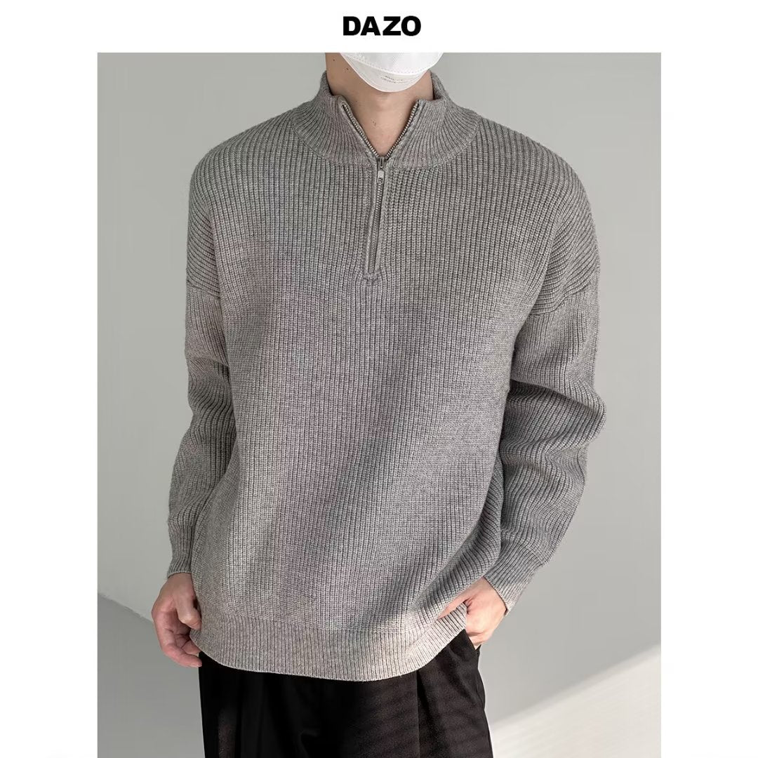 Men's knitted pullover with stand-up collar and half zip
