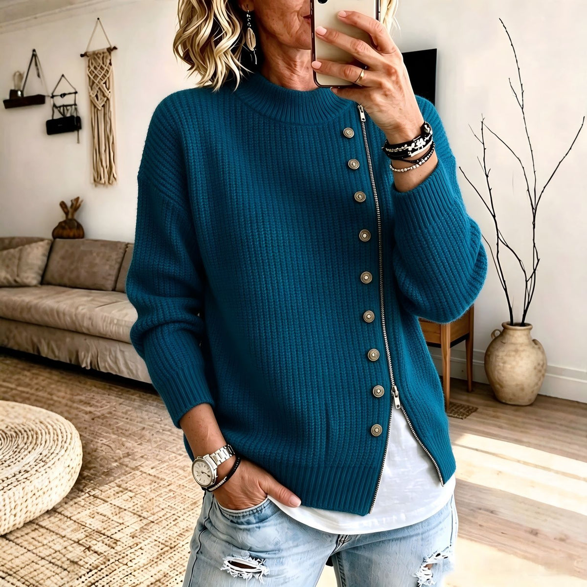 Women’s knit sweater with asymmetrical zipper