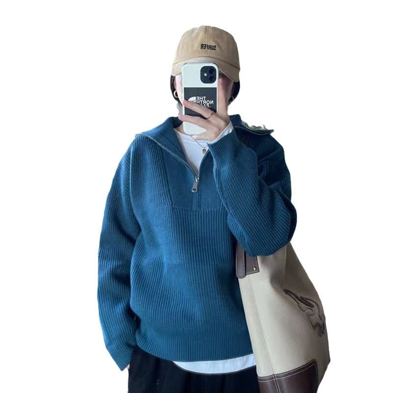 Women's knitted pullover with zipper and rib knit