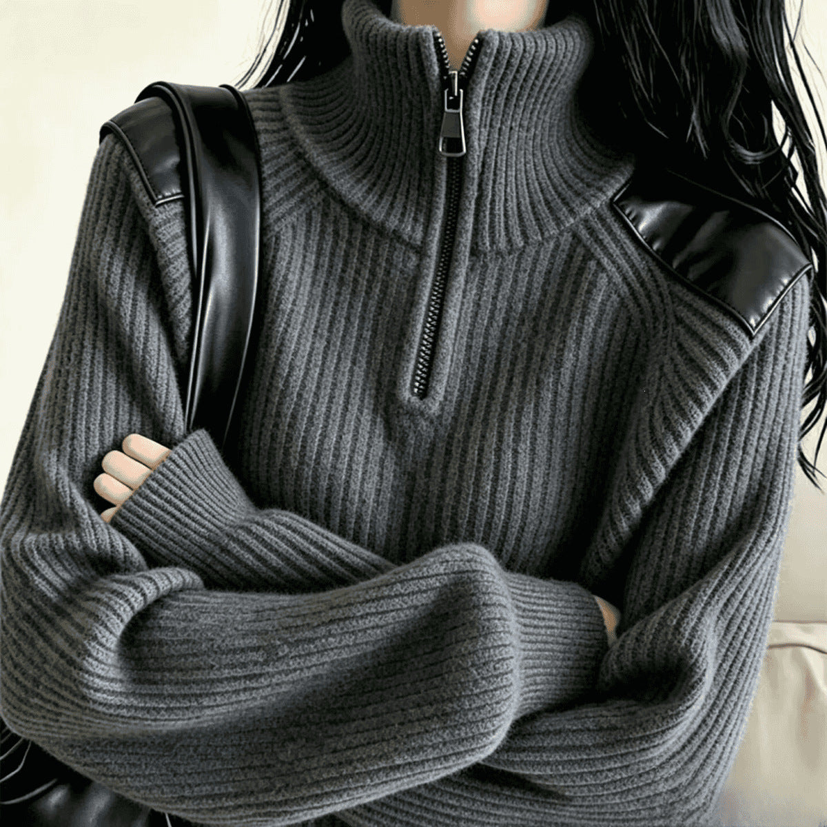 Women's knitted sweater with zipper and stand-up collar