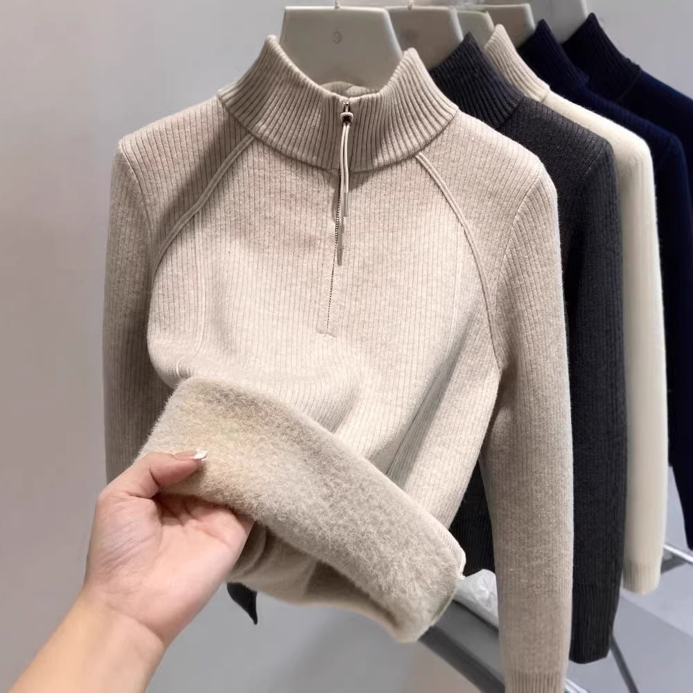 Women's knit sweater with zipper and lining