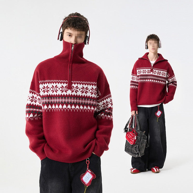 Unisex knitted sweater with stand-up collar and zipper