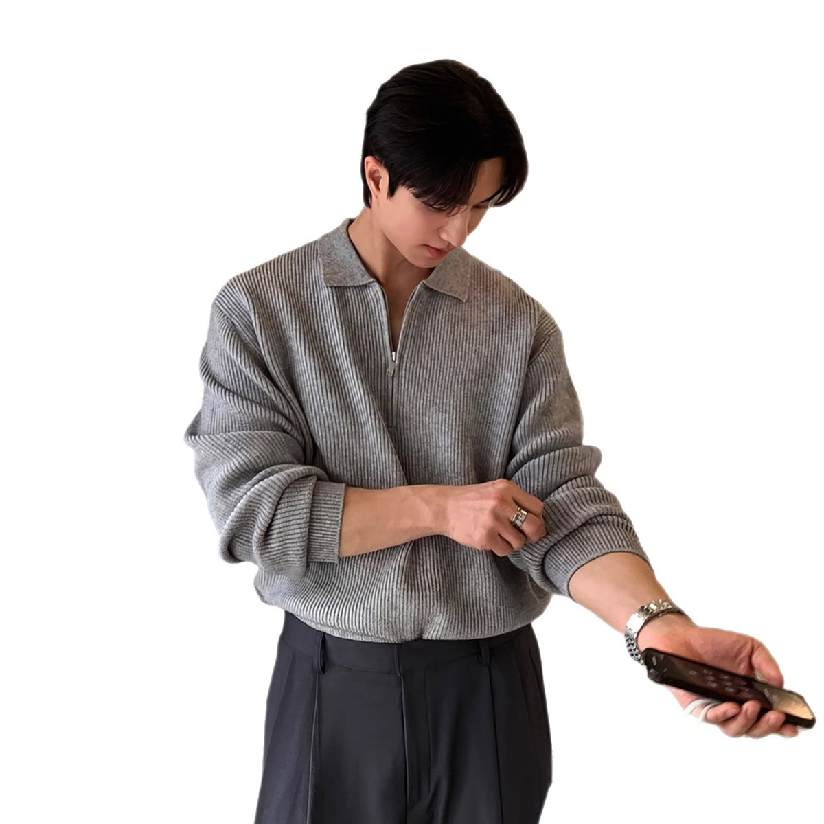 Men's knit sweater with half zip and polo collar