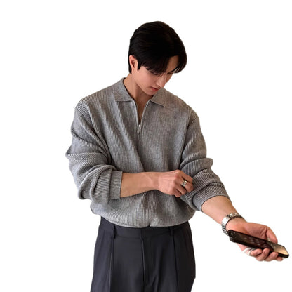 Men's knit sweater with half zip and polo collar