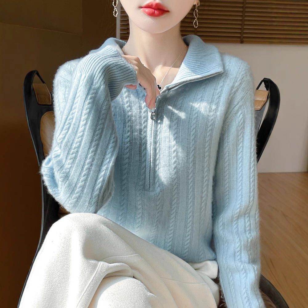 Women's wool sweater with cable pattern and half zipper