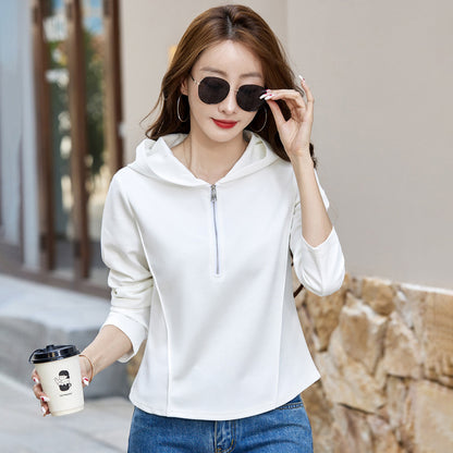 Women's hooded sweatshirt with zipper and stand-up collar
