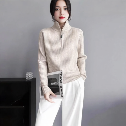 Women's knit sweater with zipper and finger holes