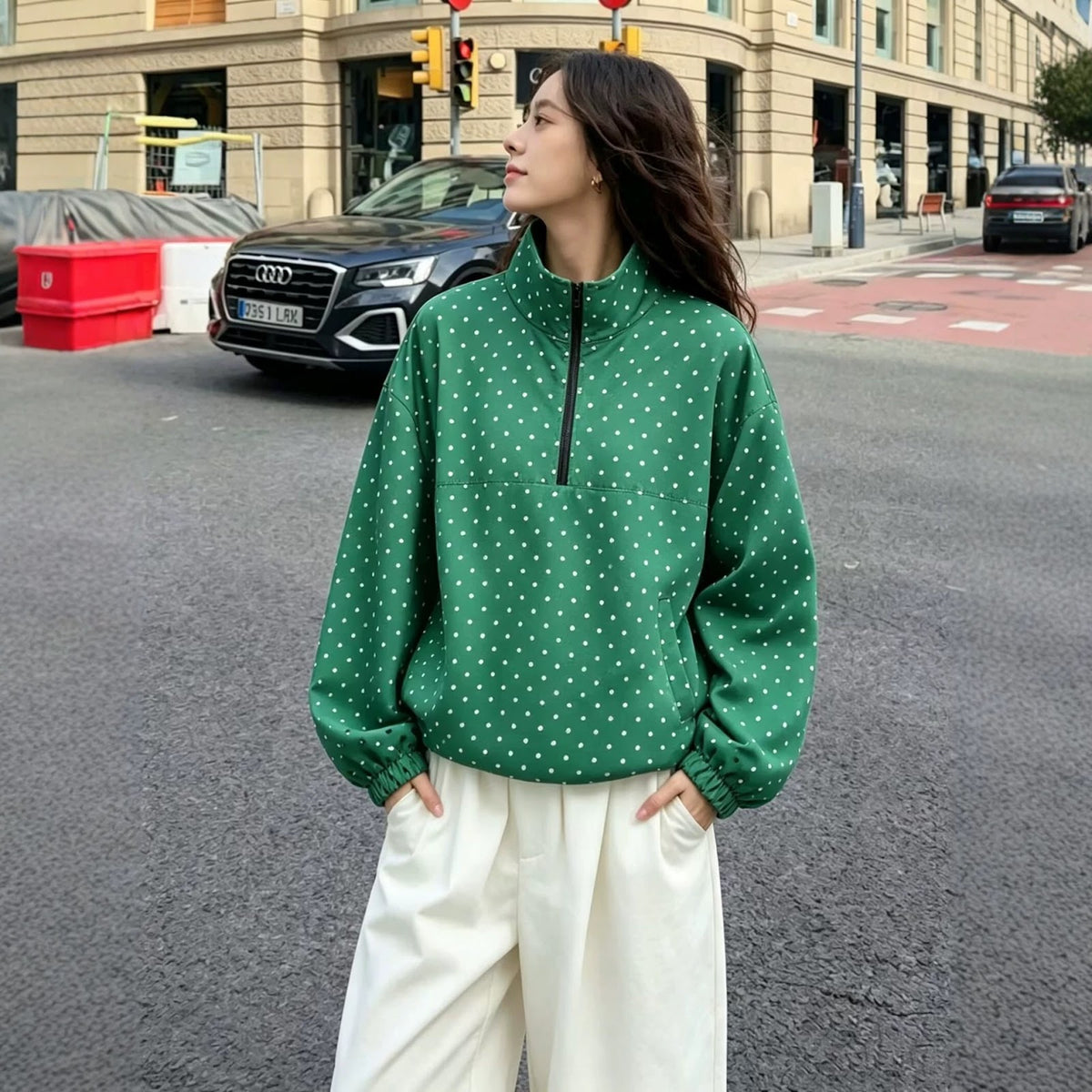 Unisex sweatshirt with stand-up collar and dot pattern