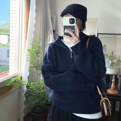 Women's knitted pullover with zipper and rib knit
