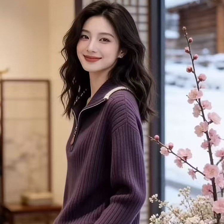 Trendy knitted sweater with stand-up collar