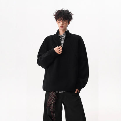 Unisex knitted pullover with stand-up collar and zipper