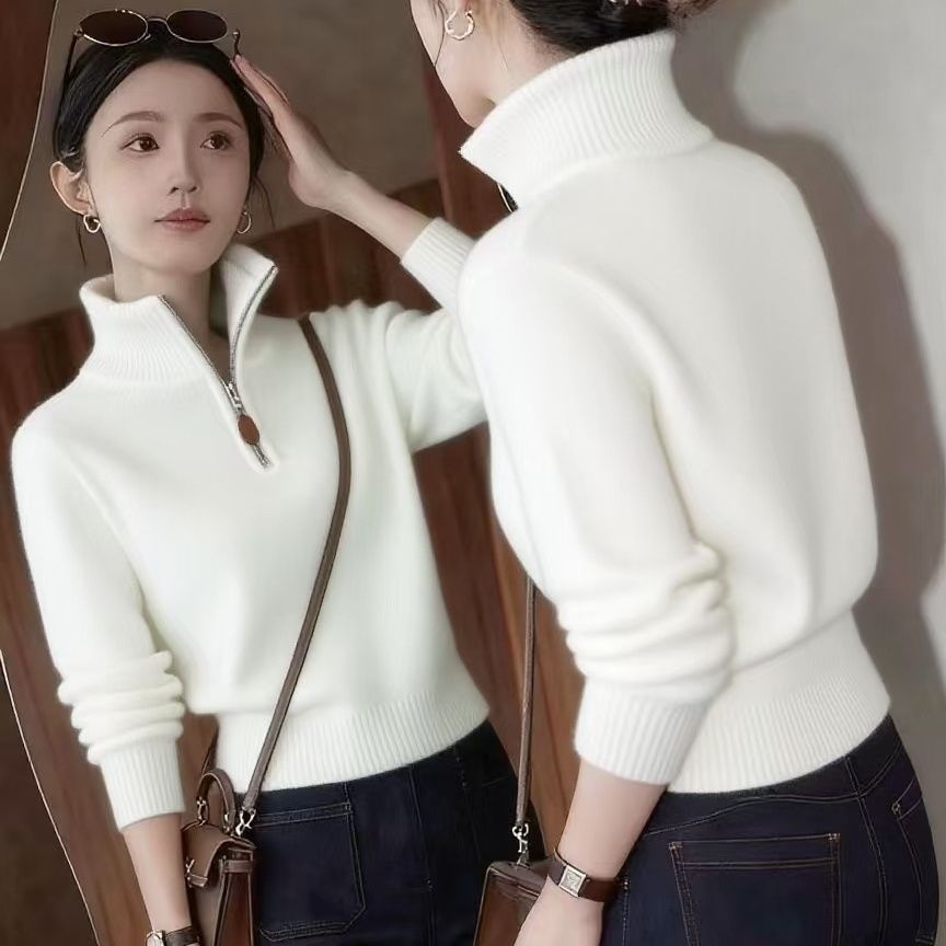 Elegant women's knit sweater with half zipper
