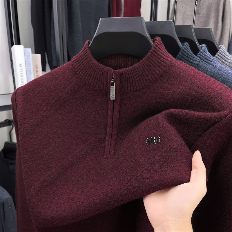 Men's knit sweater with stand-up collar and zipper
