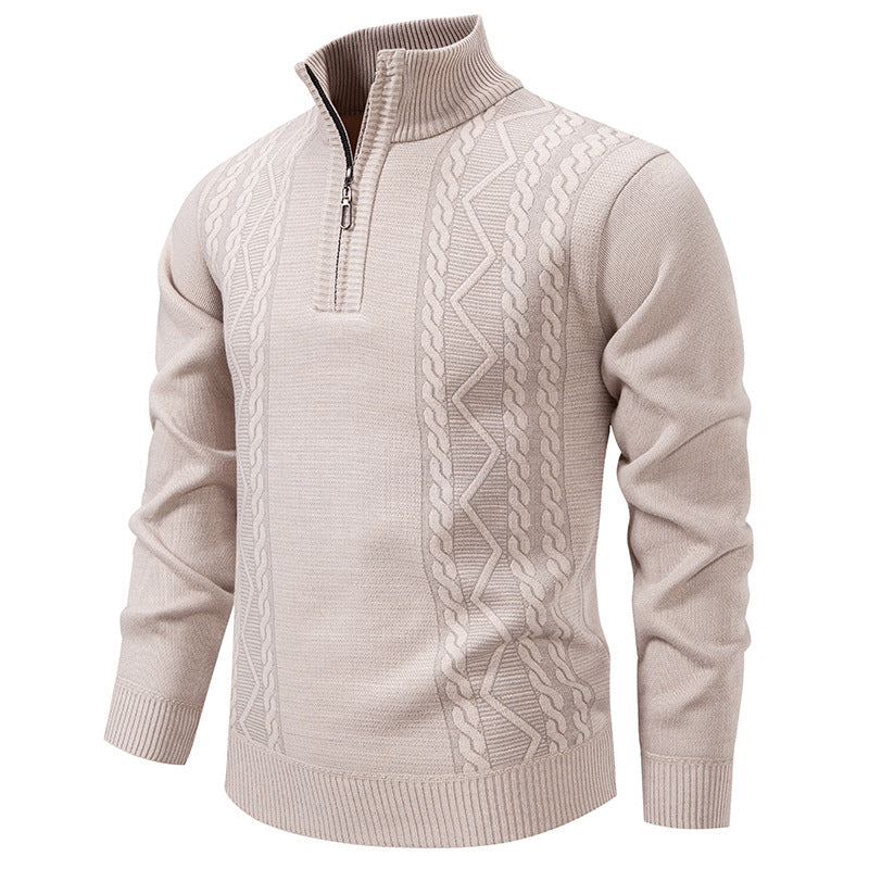 Men's knitted pullover with stand-up collar and half zip