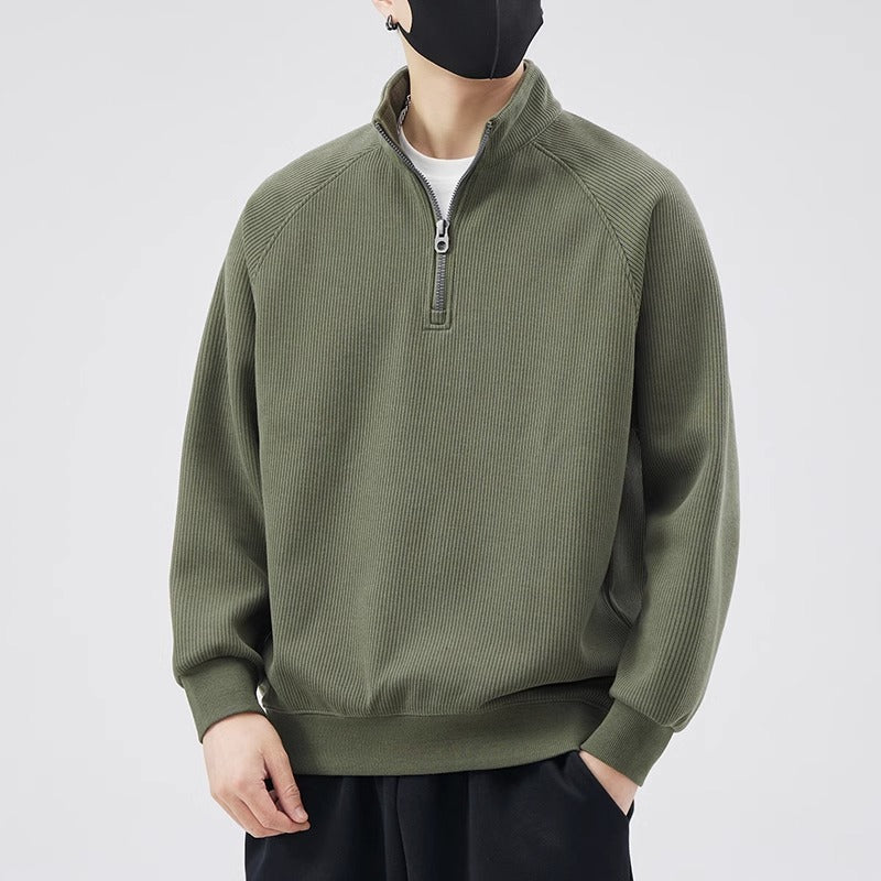 Loose pullover with stand-up collar and zipper