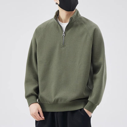 Loose pullover with stand-up collar and zipper
