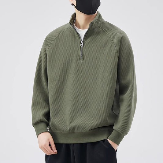 Loose pullover with stand-up collar and zipper