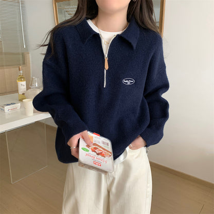 Polo knit sweater with zipper