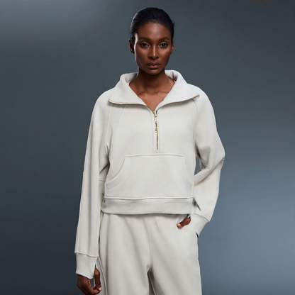 Women's sweatshirt with stand-up collar, zipper, and lining