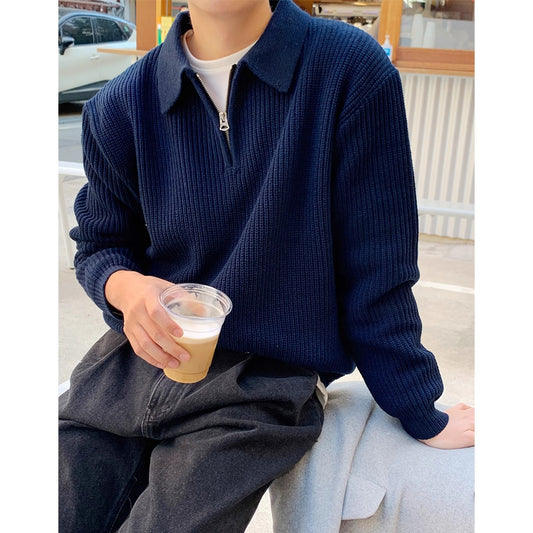 Men's knit sweater with half zip and polo collar