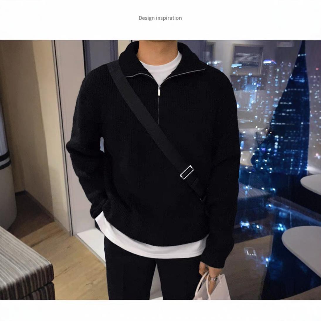 Men's Knit Sweater with Stand-Up Collar and Zipper
