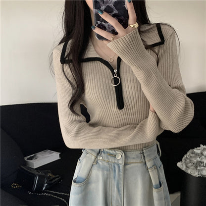 Women's knit sweater with zipper and collar