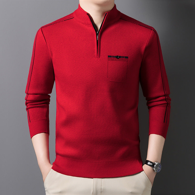 Men's knit sweater with stand-up collar and zipper