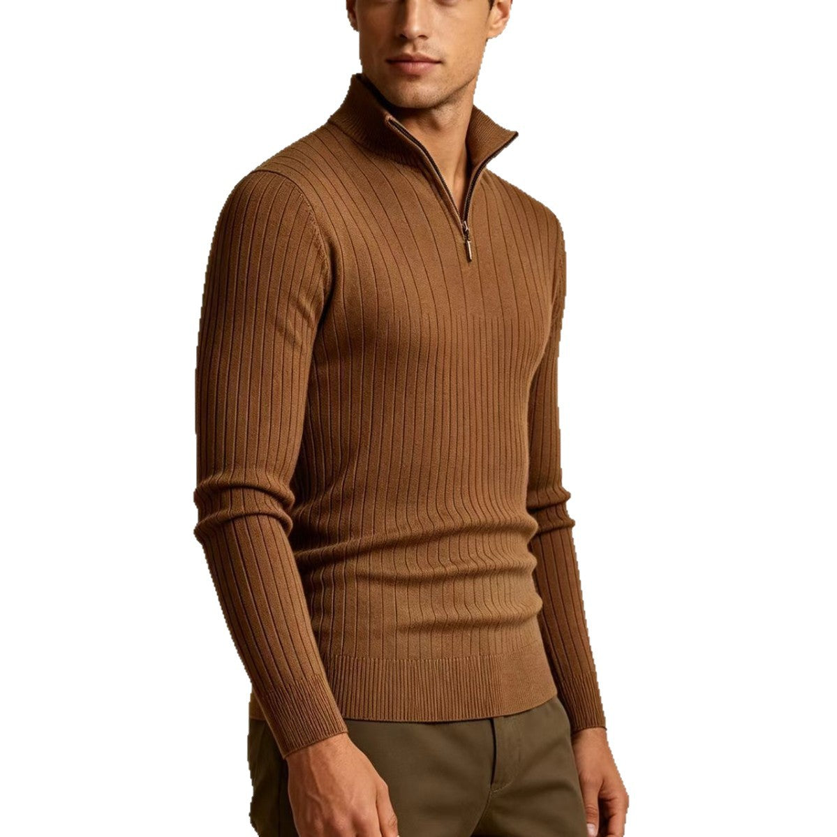 Men's knit sweater with stand-up collar and zipper