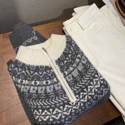Women's knit sweater with zipper and jacquard pattern