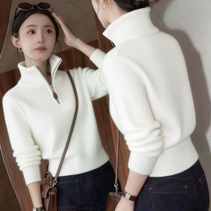 Elegant women's knit sweater with half zipper
