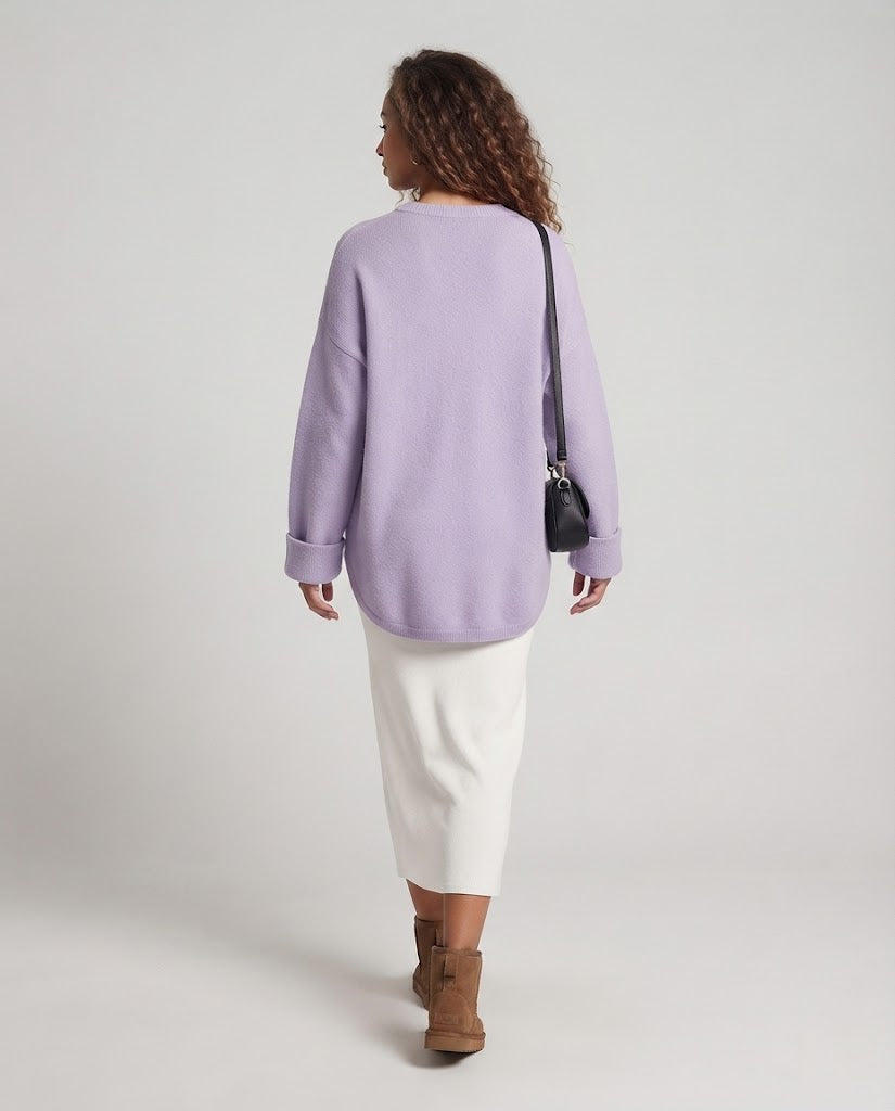 Ladies Oversize Long Sweater in Mohair Look with Round Neck, Drop Shoulder and Side Slit Shop Velvia