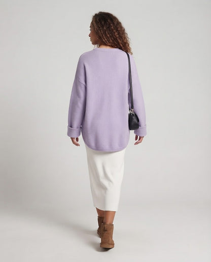 Ladies Oversize Long Sweater in Mohair Look with Round Neck, Drop Shoulder and Side Slit Shop Velvia