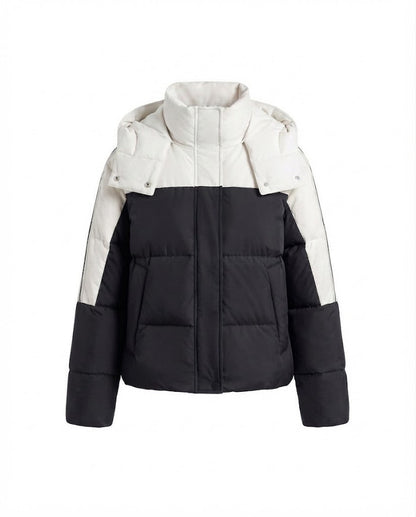 Women's short two-tone quilted short coat with removable collar trim and sporty sleeve stripes