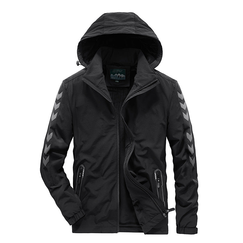 Men's water-repellent softshell jacket with hood, reflective chevron stripes and zippered pockets Shop Velvia